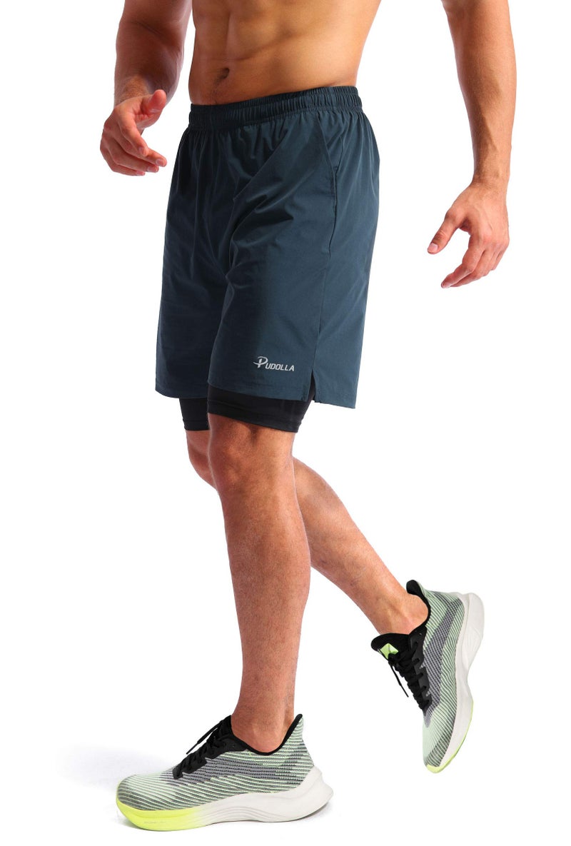 Pudolla Menâ€™s 2 in 1 Running Shorts 7" Quick Dry Gym Athletic Workout Shorts for Men with Phone Pockets(Navy Blue Large) - Image 3